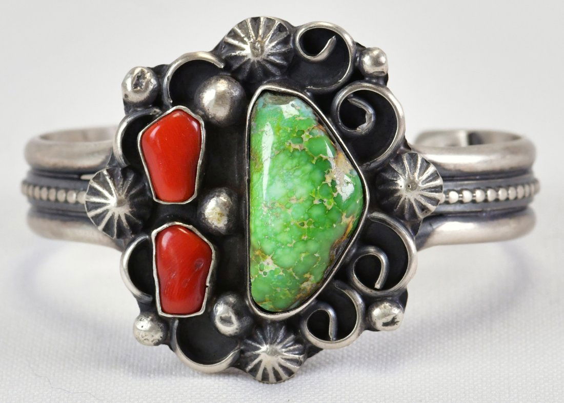 Chimney Butte Sterling Sonoran Gold Turquoise & Coral Cuff (1 of 3)