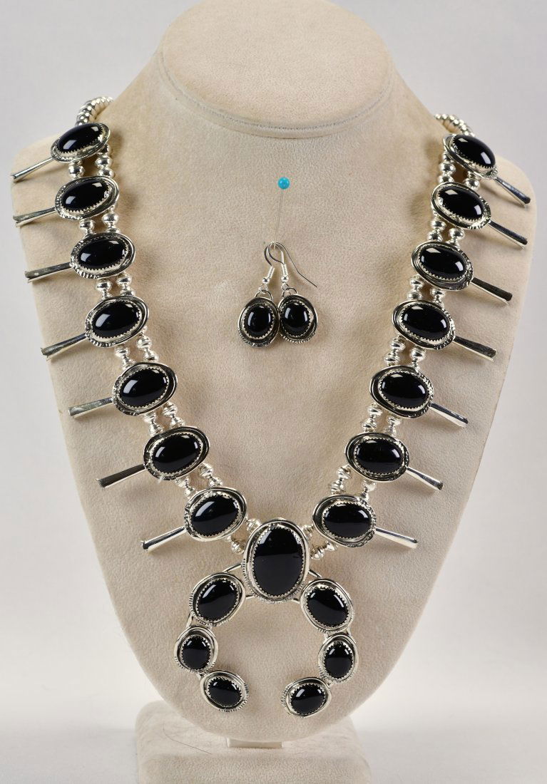 Native American Sterling Silver Black Onyx Squash Blossom Necklace Set (1 of 4)