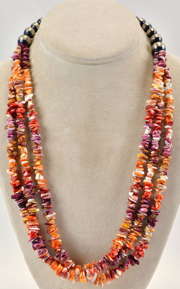 Navajo Sterling Silver Bead and Spiny Oyster 3 Strand Necklace (1 of 3)