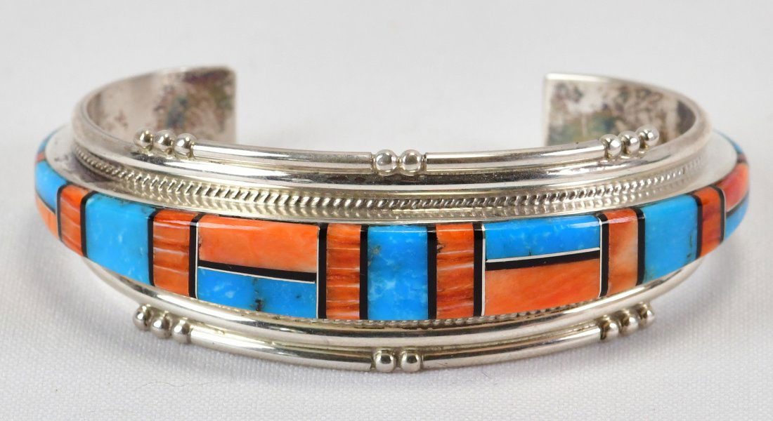 J. Douglas Sterling Silver Spiny Oyster & Turquoise Inlay Cuff (1 of 3)