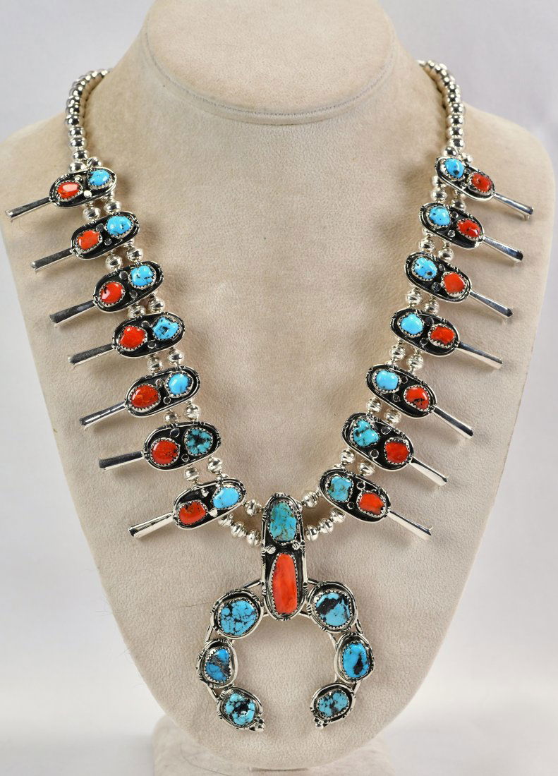 Navajo Sterling Silver Kingman Turquoise & Coral Squash Blossom Necklace (1 of 3)