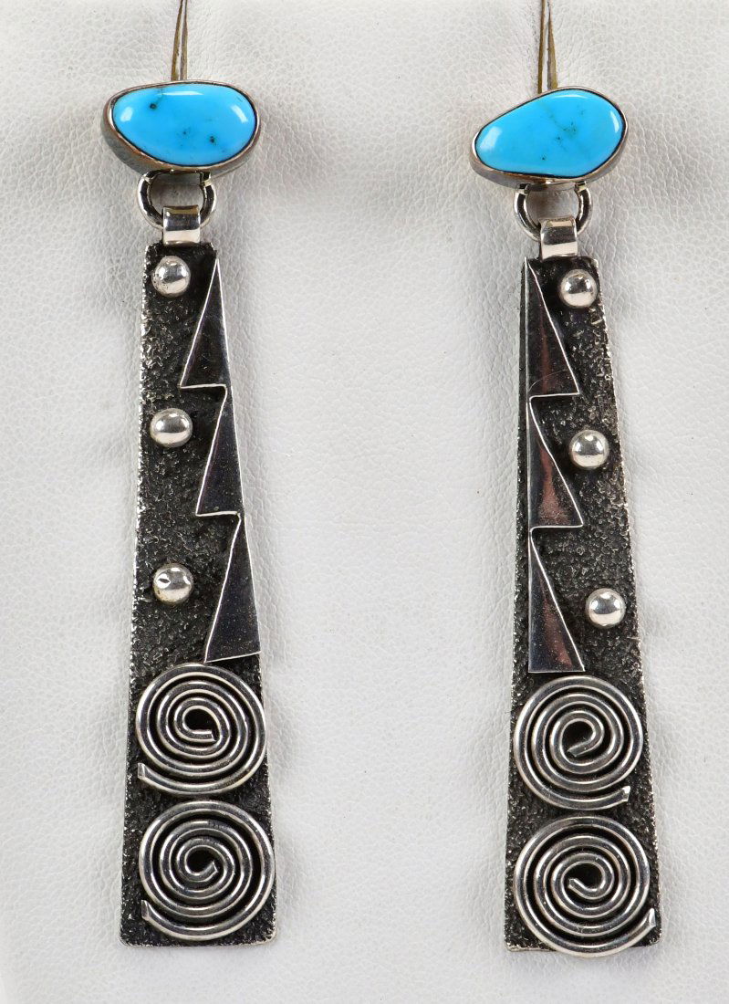 Alex Sanchez Red Mountain Turquoise Long Petroglyph Earrings (1 of 3)