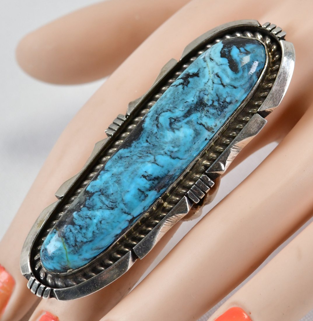 Eddie Secatero Sterling Silver Long Kingman Turquoise Ring (1 of 3)