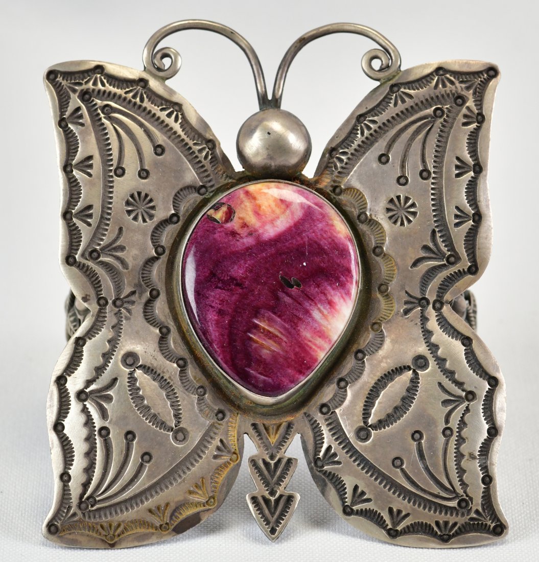 Darrell Cadman Sterling Spiny Oyster Stamped Butterfly Cuff Bracelet (1 of 5)