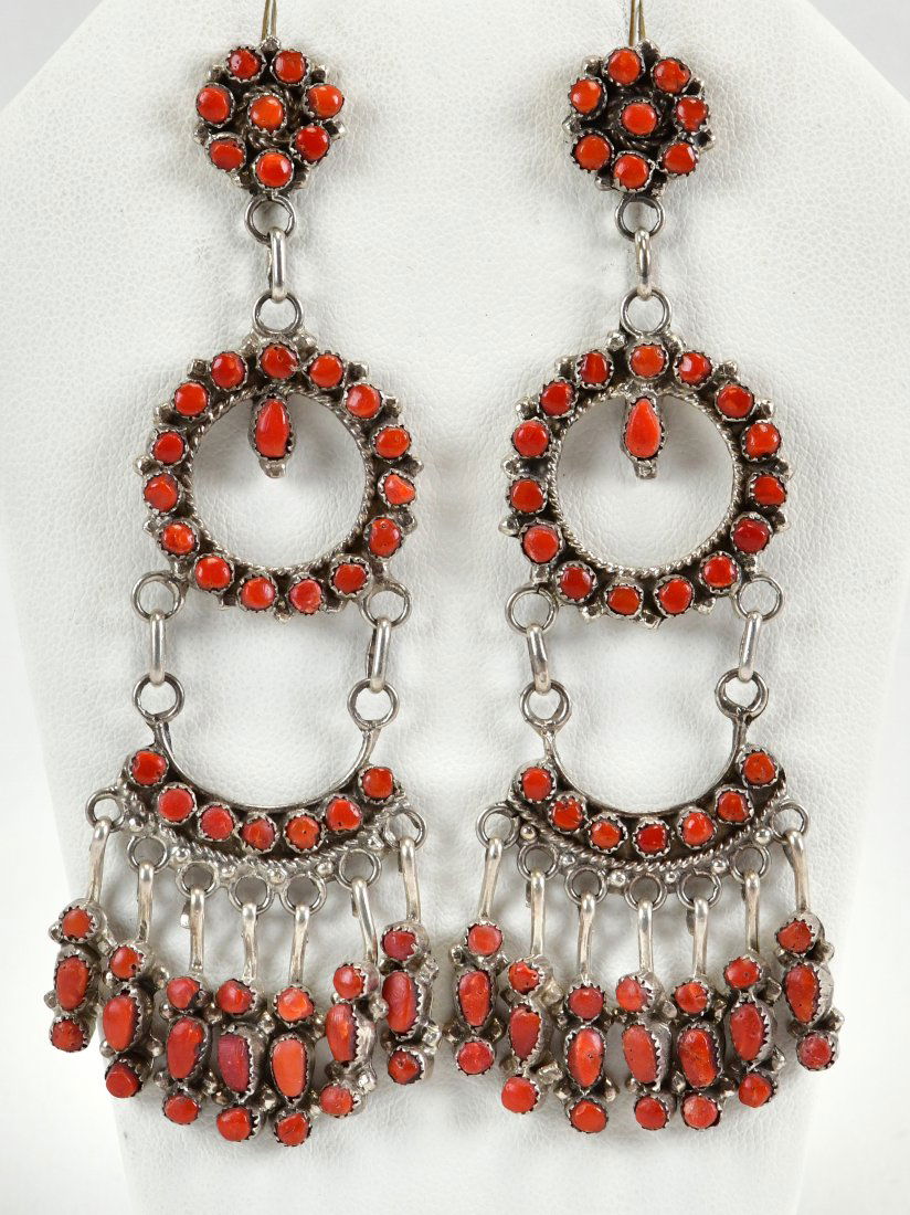 Native American Sterling Silver Coral Dangle Earringd (1 of 3)