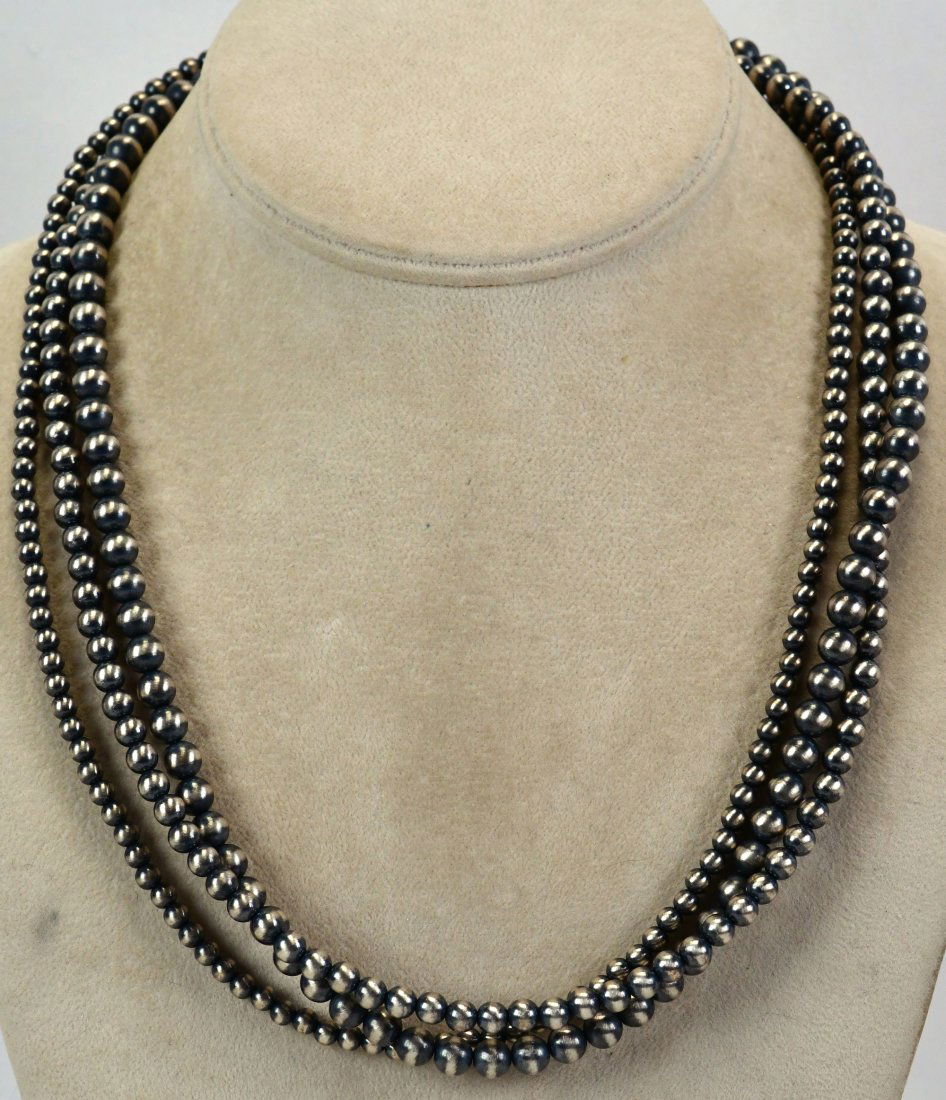 Native American Sterling Silver 3 Strand Bench Bead Necklace (1 of 3)