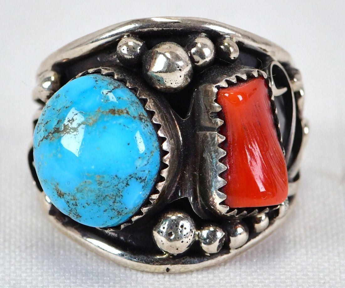 Navajo Sterling Silver Kingman Turquoise & Coral Men's Ring (1 of 3)
