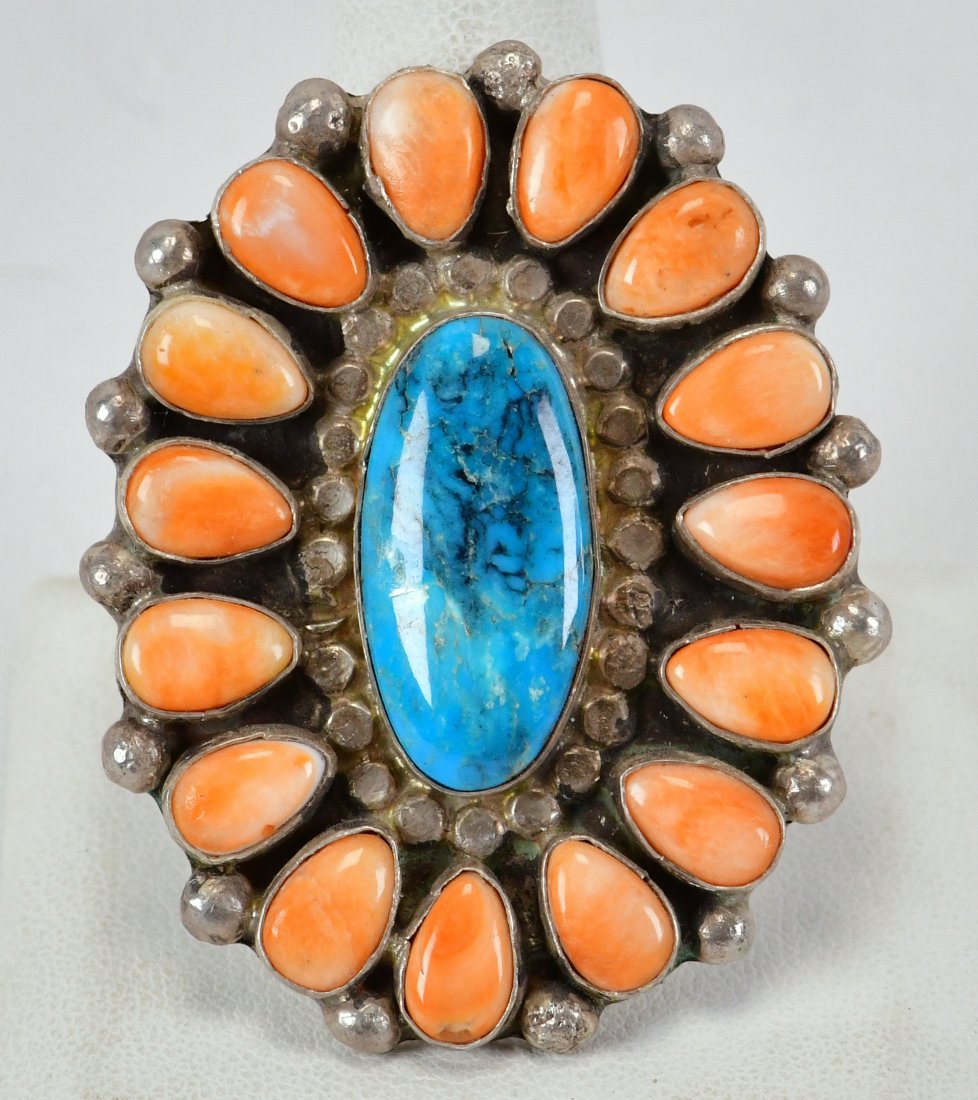Navajo Sterling Silver Bisbee Turquoise & Pink Coral Lg. Ring (1 of 3)