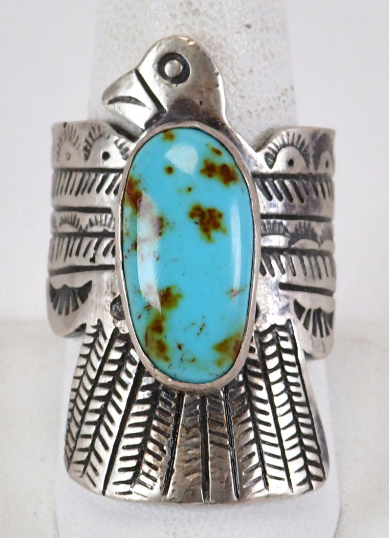 Russell Sam Sterling Lone Mountain Turquoise Thunderbird Ring (1 of 3)