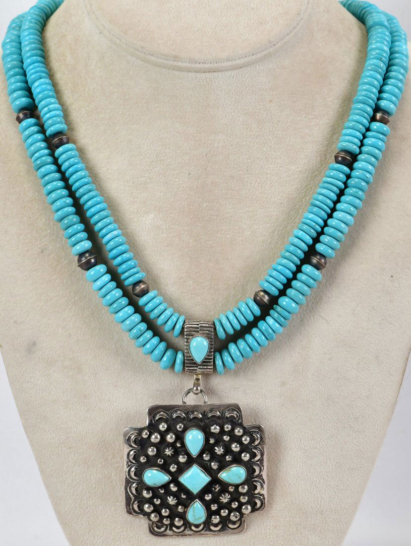 Native American Vintage Sterling Campitos Turquoise 2 Strand Necklace (1 of 3)