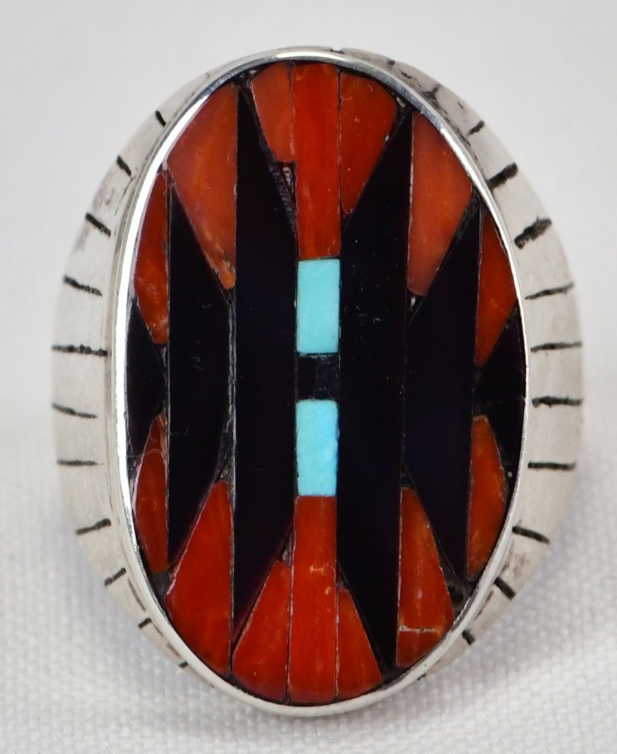Zuni, L. Dishta Sterling Multi-Stone Inlay Men's Ring (1 of 4)