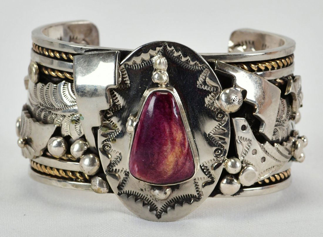 Navajo Sterling Heavy Gauge Spiny Oyster Ornate Cuff w/Gold (1 of 4)