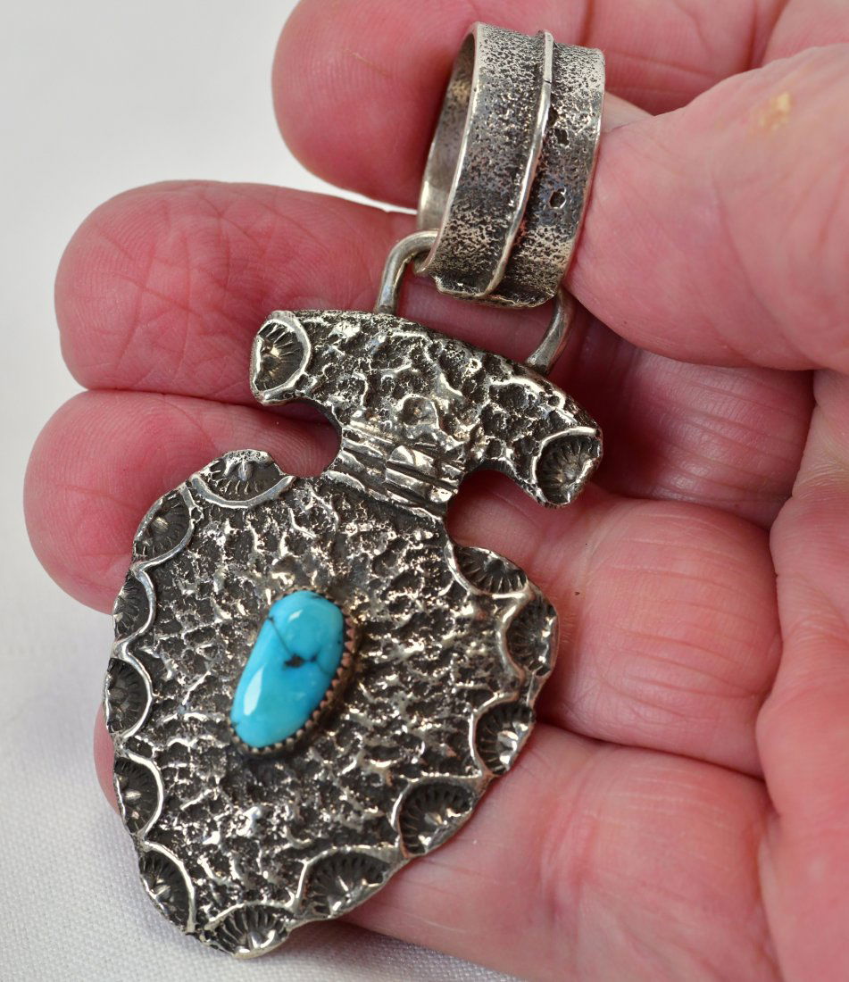 Navajo Sterling Silver Sand Cast Arrowhead Pendant w/Turquoise (1 of 3)