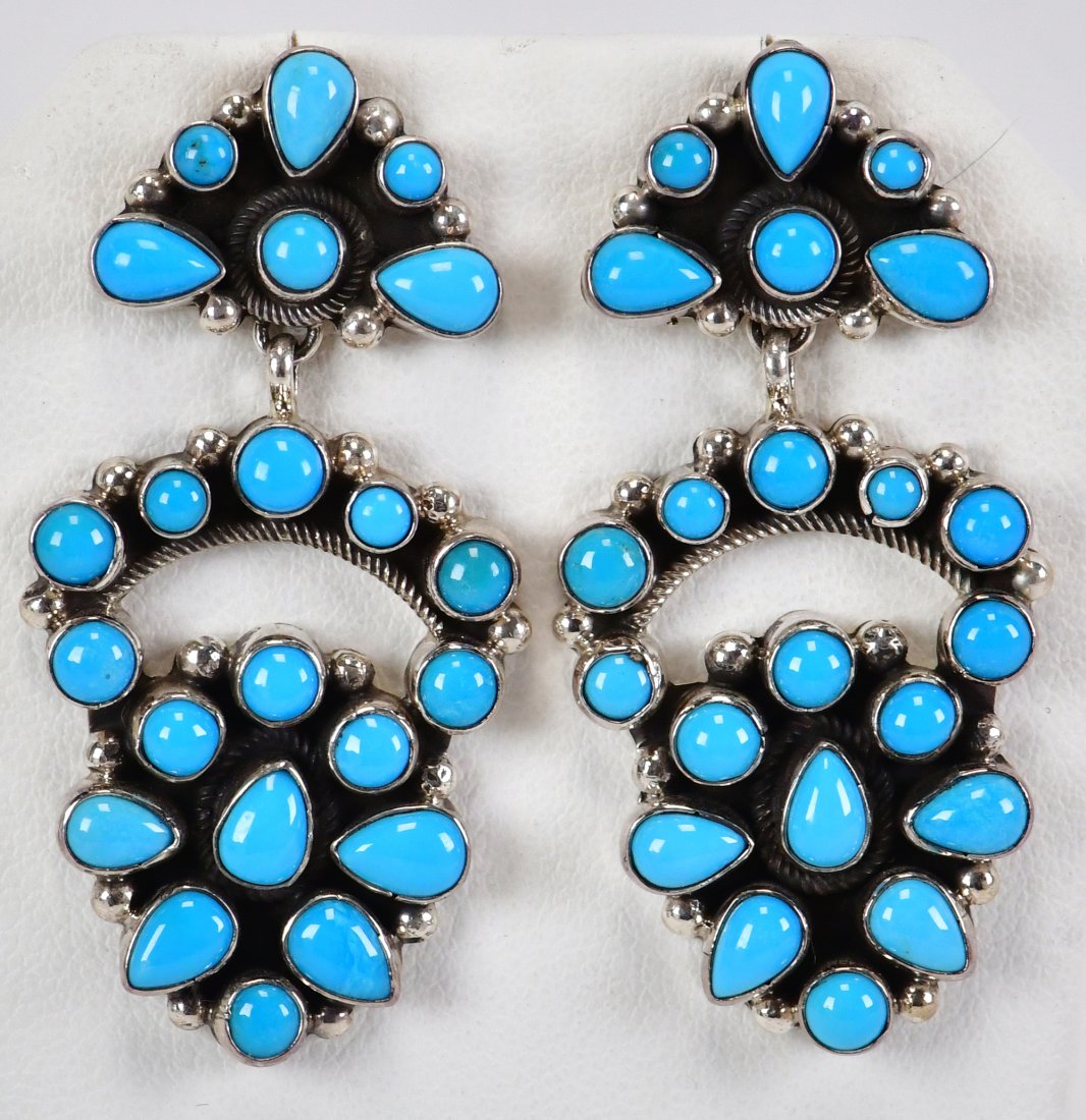 Emma Lincoln {RIP} Sterling Sleeping Beauty Turquoise Earrings: Sterling Silver| Emma Lincoln {RIP} Sleeping Beauty Turquoise Earrings| Genuine Sleeping Beauty Turquoise| Measure 2" x 1"| Signed| Weigh 18.5 Grams| Native American, Navajo, Southwestern Indian Jewel