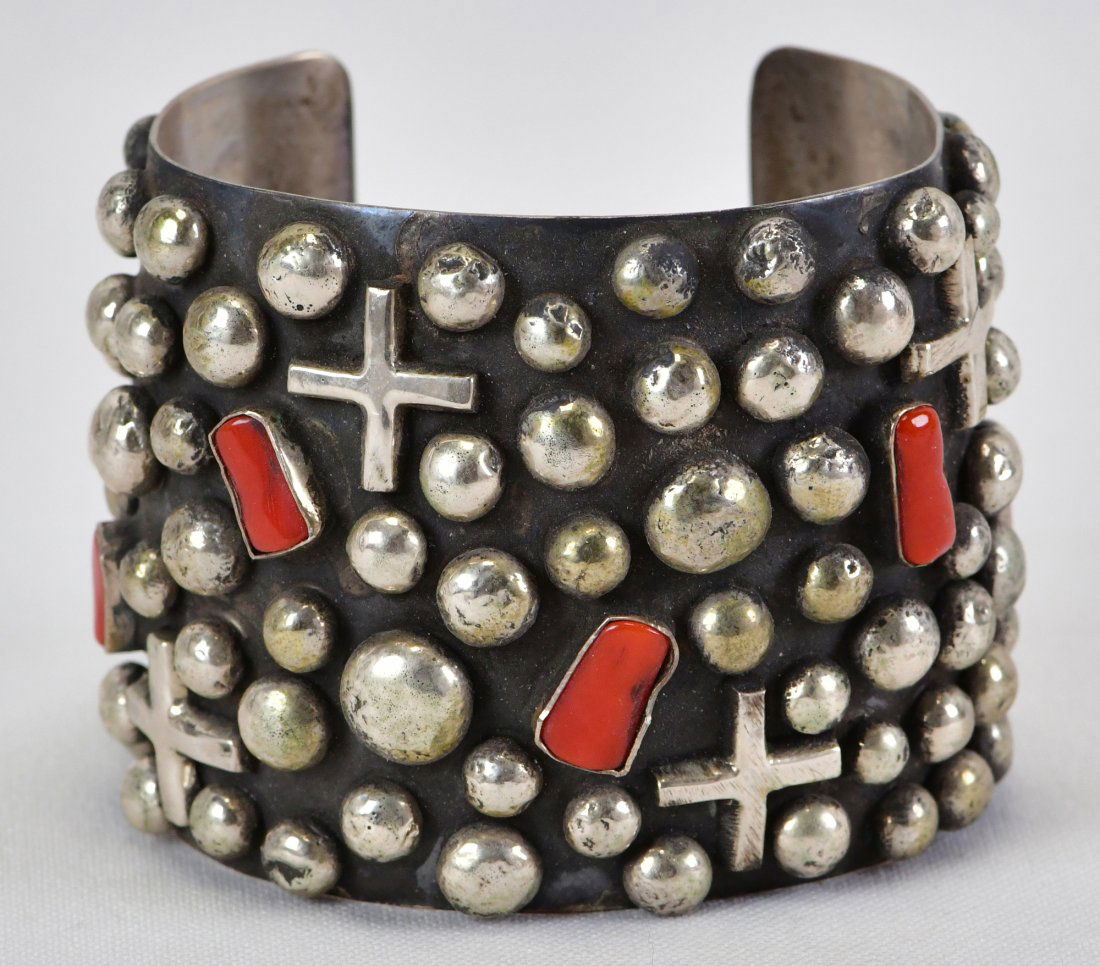 Chimney Butte Sterling Silver Large Cross & Dot Cuff w/Coral (1 of 4)