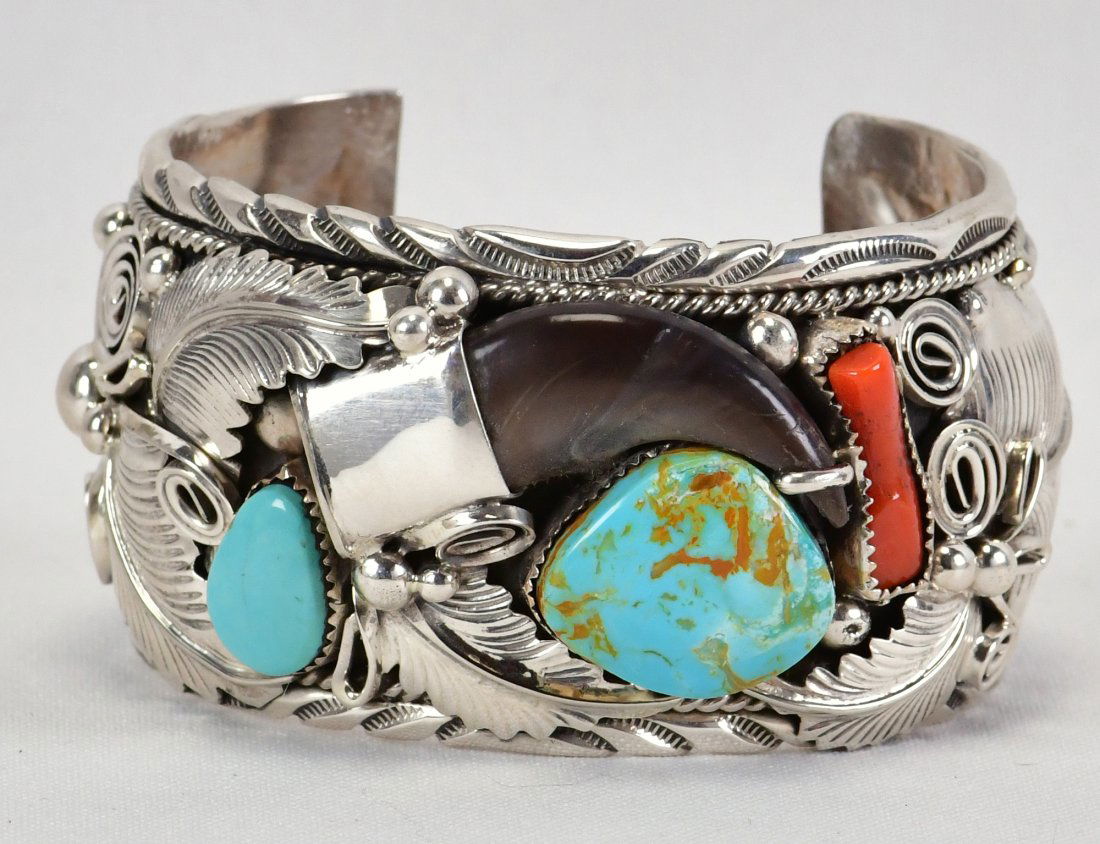 Mike Thomas Sterling Silver Bear Claw Cuff w/Coral & Turquoise (1 of 6)