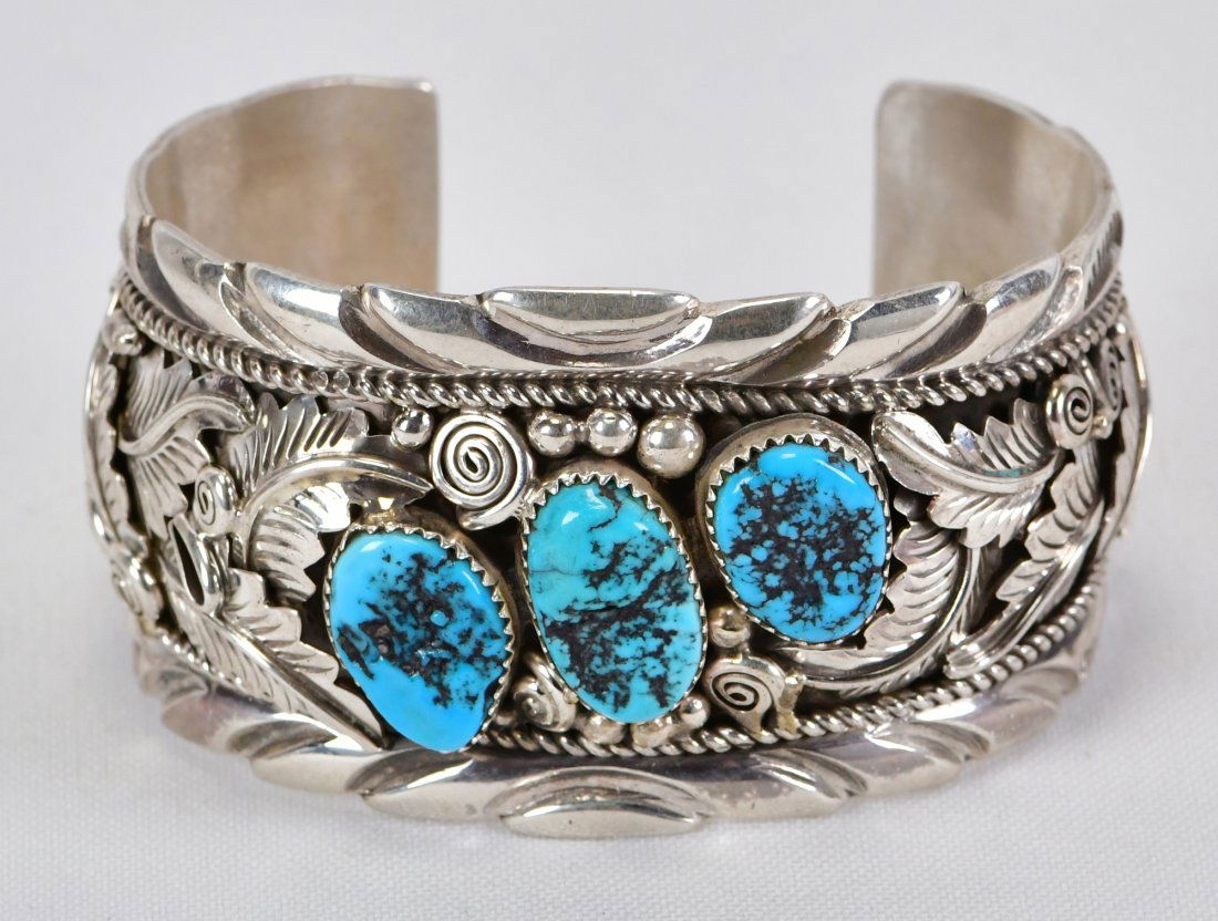 Native American Sterling Kingman Turquoise Ornate Feather Cuff (1 of 5)