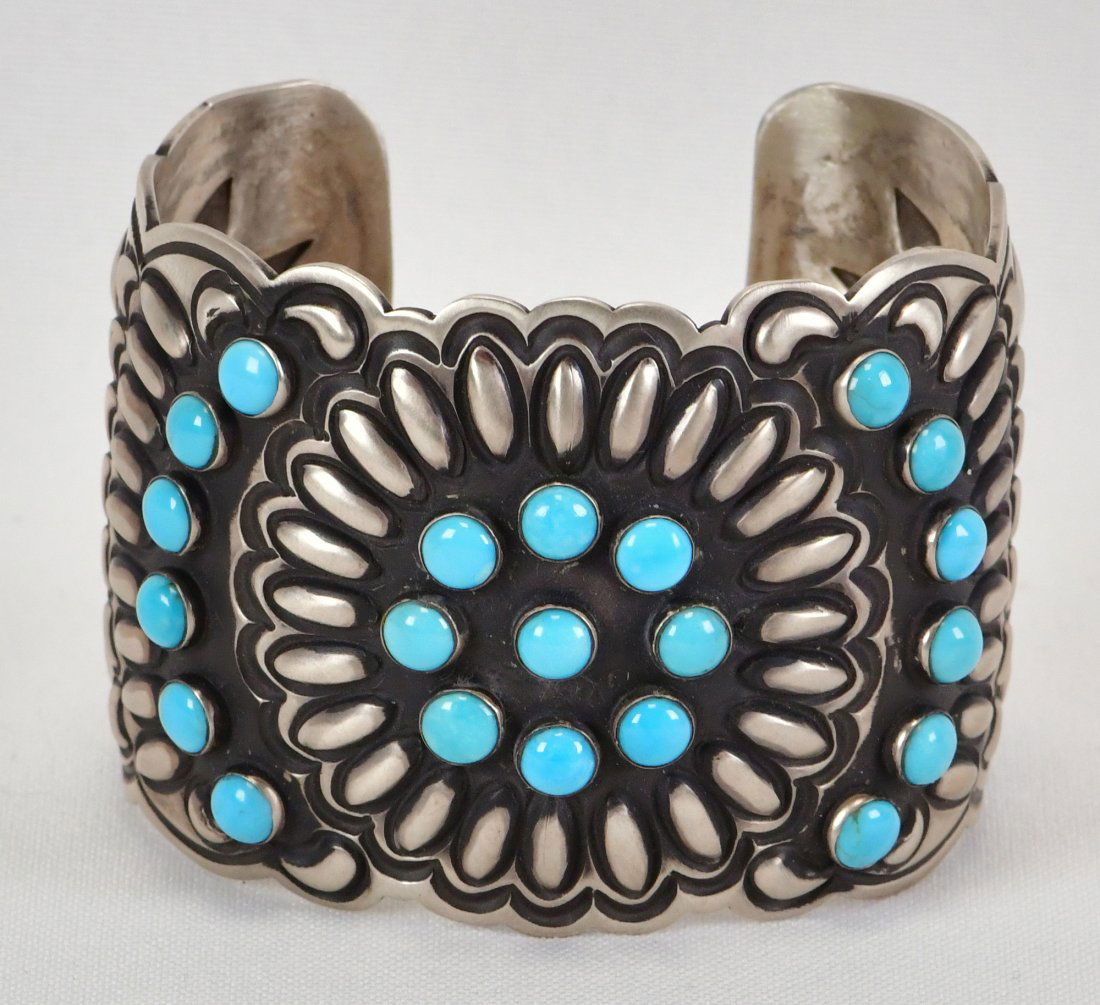 L. Tahe Sterling   Repousse and Sleeping Beauty  Turquoise Cuff Bracelet (1 of 5)