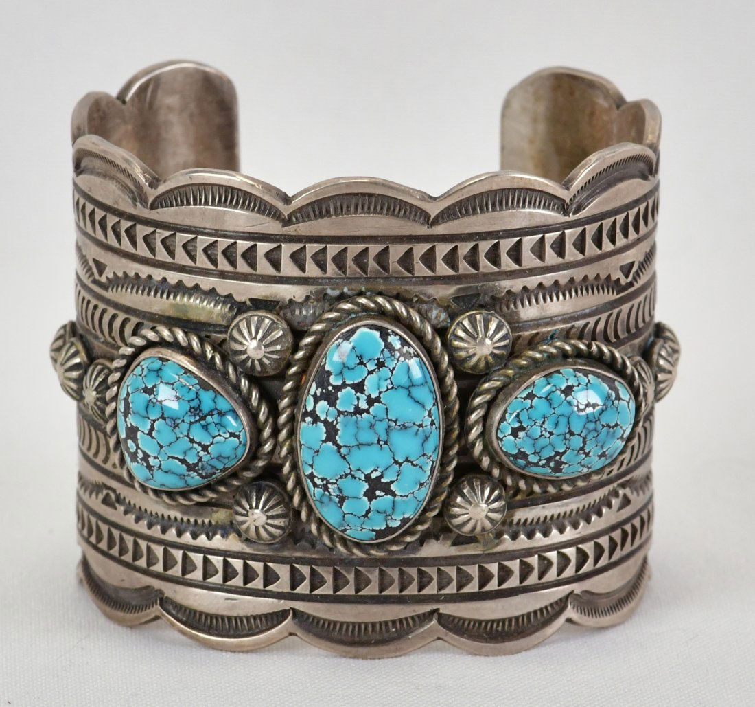 Ronnie Willie Sterling Number 8 Turquoise 3 Stone Cuff Bracelet (1 of 4)