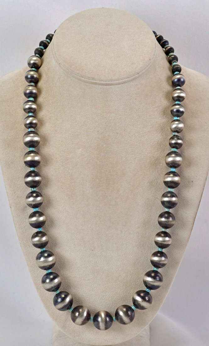 Native American Sterling Silver Bench Bead & Turquoise Necklace (1 of 3)