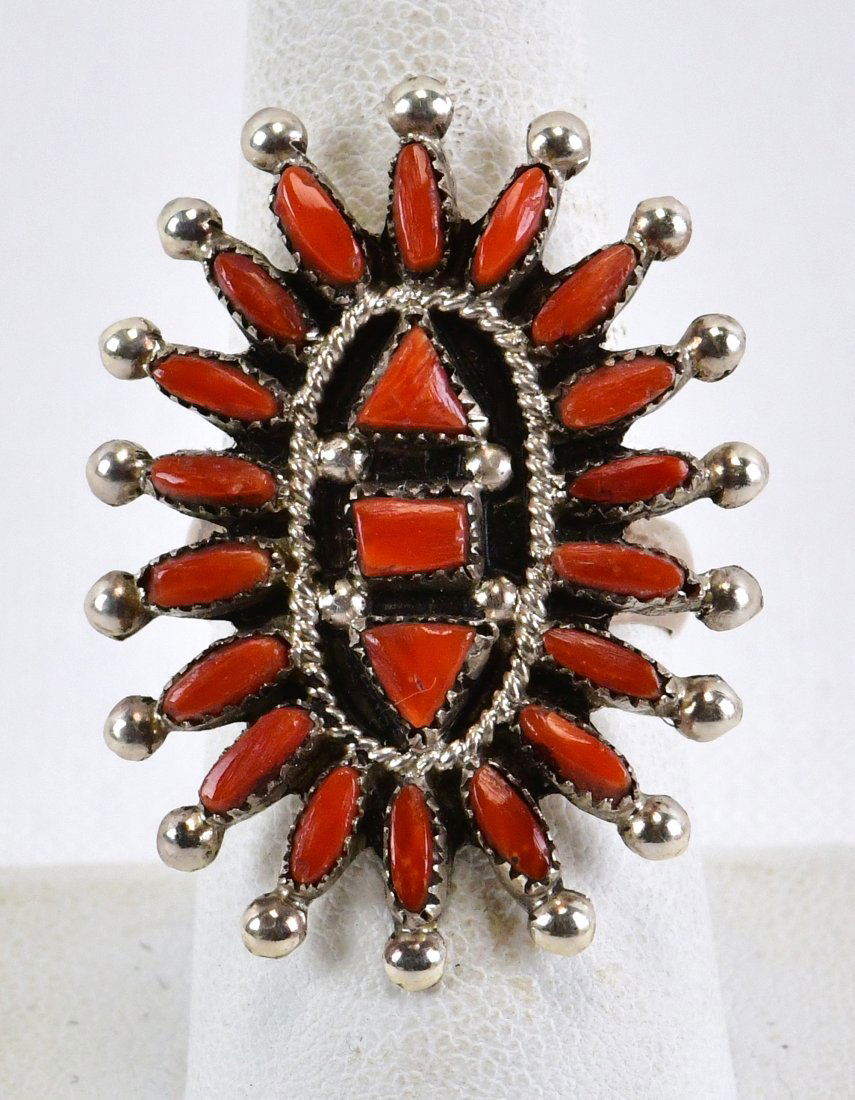 Zuni Sterling Silver Coral Needlepoint Ring (1 of 3)