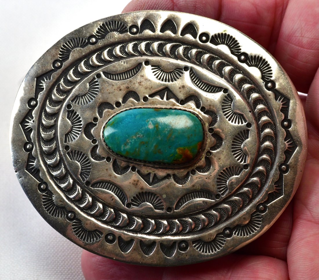 Navajo Sterling Large Royston Turquoise Stamped Belt Buckle: Sterling Silver| Navajo Sterling Silver Large Royston Turquoise Stamped Belt Buckle| Genuine Royston Turquoise| Measures 3 Inches Wide x 2.75 Inches Tall| Hallmarked "BK"| Weighs 63.2 Grams| Native Am