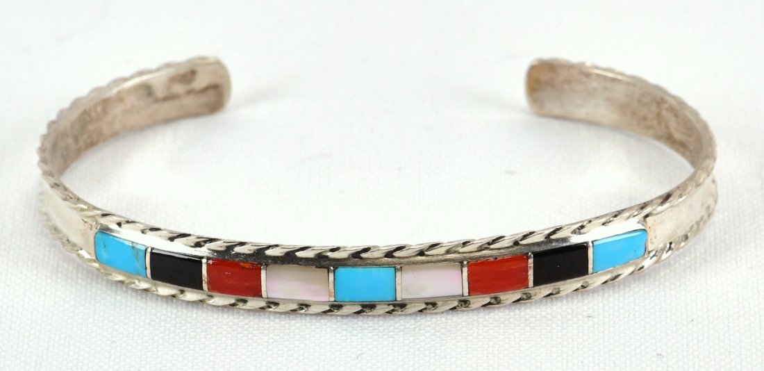 Zuni Sterling Silver Multi-Stone Inlay Stacker Cuff Bracelet (1 of 3)