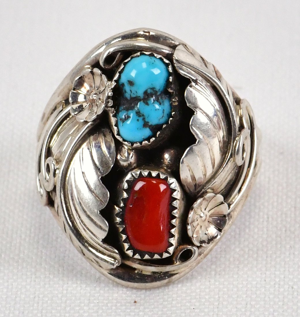 Native American Sterling Feather Men's Ring w/Turquoise & Coral (1 of 4)