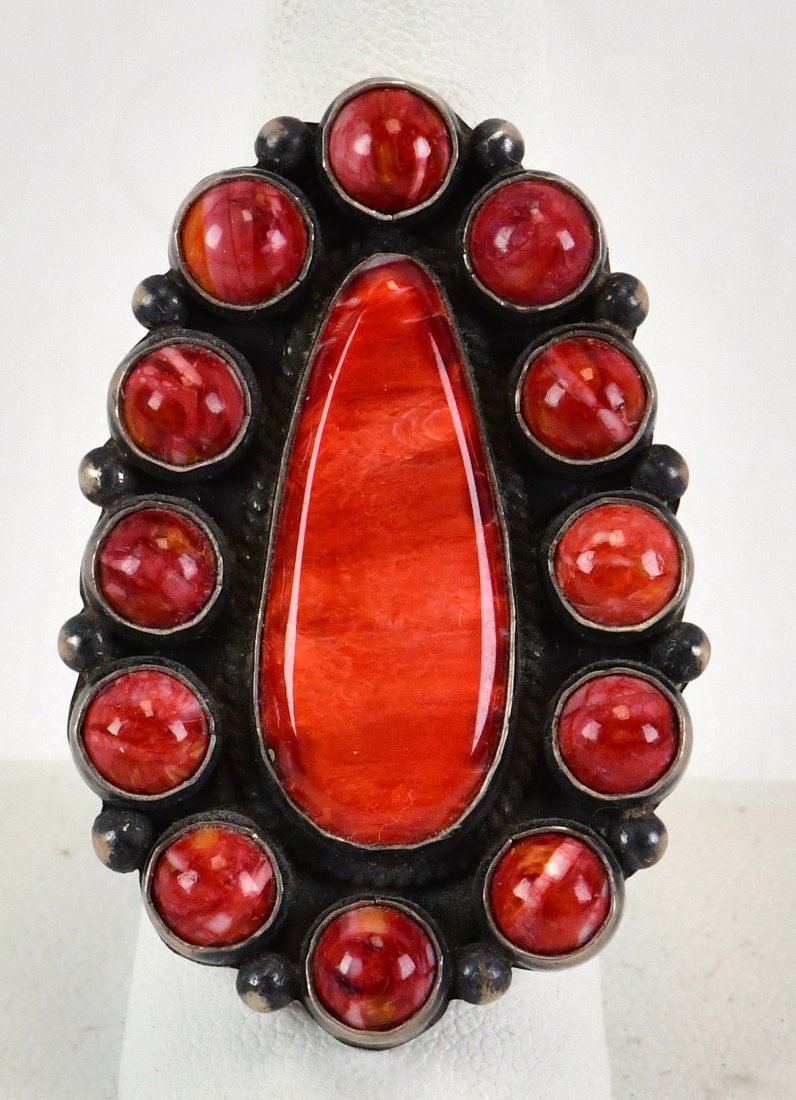 Native American Sterling Spiny Oyster Ring w/Halo Stones (1 of 3)