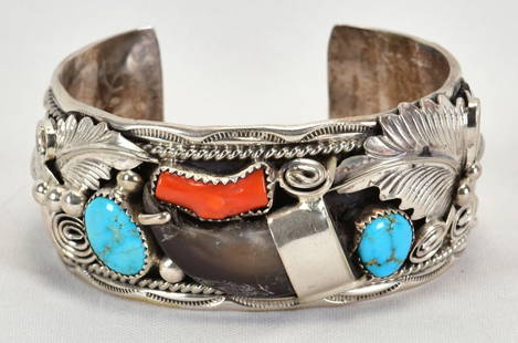 M. Thomas Sterling Silver Bear Claw Cuff w/Coral & Turquoise: Sterling Silver| M. Thomas Sterling Silver Bear Claw Cuff Bracelet w/Coral & Turquoise| Genuine Coral - Genuine Turquoise| Inside measures 6 inches plus a gap of 1 inch - Total 7 Inches| Face Width