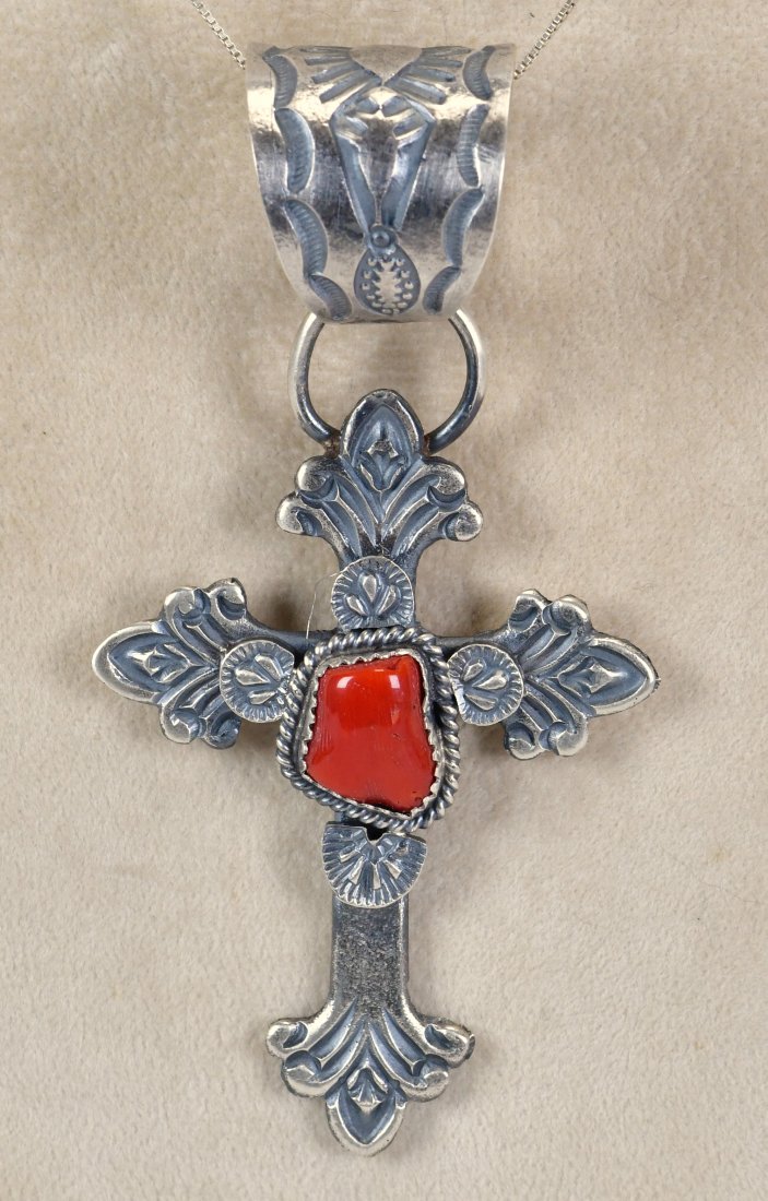 Kevin Billah Sterling Silver Ornate Coral Cross Pendant (1 of 3)