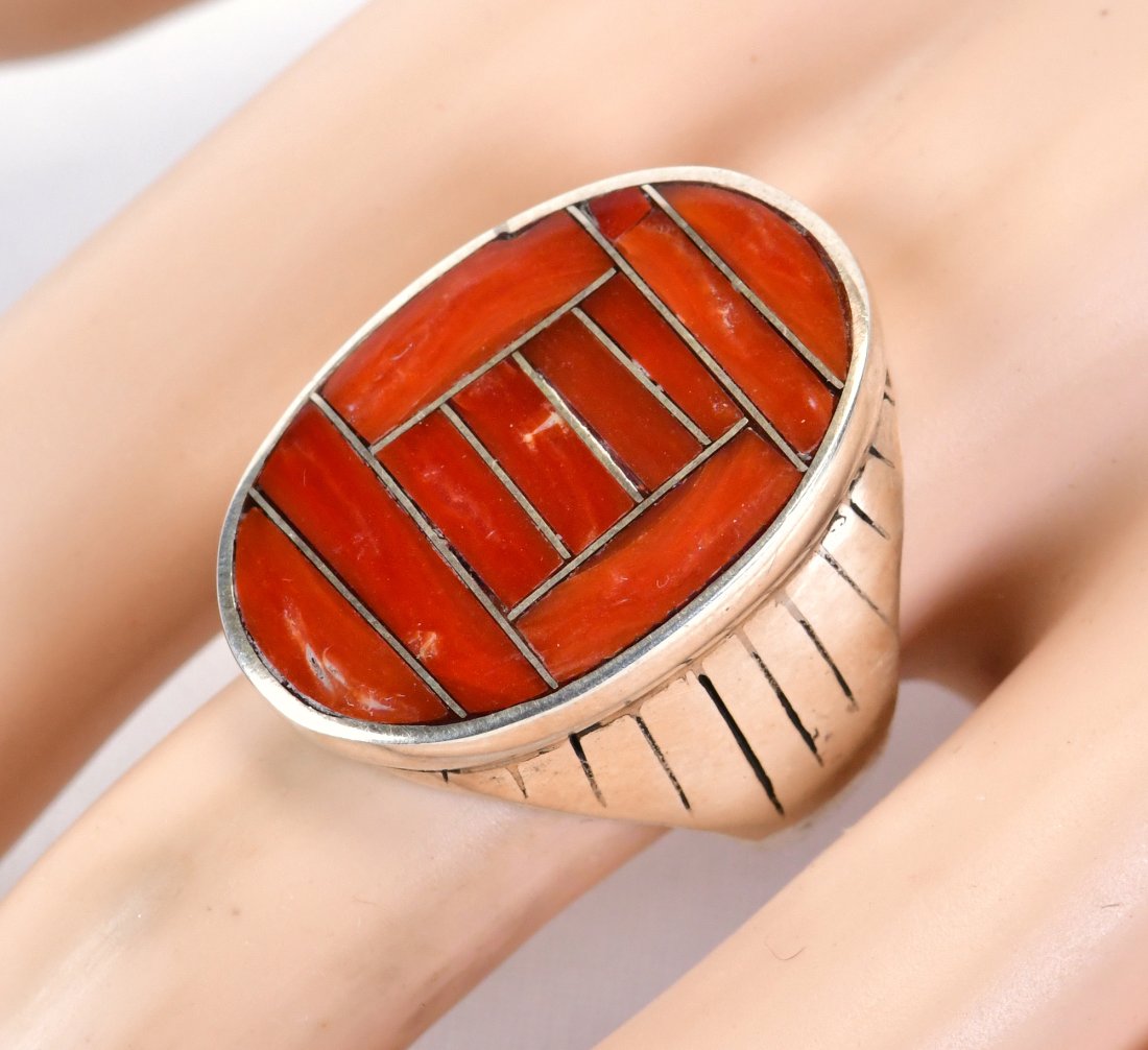 Native American Sterling Silver Coral Men's Ring (1 of 3)