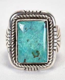 Dell Vandever Sterling Candelaria Turquoise Men's Ring: Sterling Silver| Dell Vandever Sterling Silver Candelaria Turquoise Men's Ring| Genuine Candelaria Turquoise| Measures 1 1/8" long x 7/8" Wide| Signed| Weighs 18.2 Grams| Size 9.5| Has Wide Band| Nati