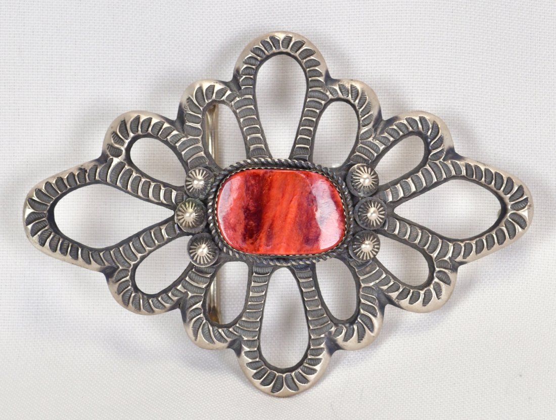 Navajo Sterling Sand Cast Large Spiny Oyster Belt Buckle: Sterling Silver| Navajo Sterling Sand Cast Large Spiny Oyster Belt Buckle| Genuine Spiny Oyster| Measures 4" Wide x 3" Tall| Hallmarked "ELB"| Weighs 57.5 Grams| Native American, Navajo, Southwestern 