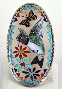 Quintin Quam, Sr. Sterling Silver Large Inlay Ring: Sterling Silver| Quintin Quam, Sr. Sterling Silver Large Inlay Hummingbird Ring| Genuine Sleeping Beauty Turquoise, Mother of Pearl, Mediterranean Coral, Shell and Jet| Measures 3 1/8" Long x 1 7/8" W