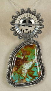 Rita Lee, Sterling Silver Huge Royston Turquoise Kachina Pendant: Pendant Only - Sterling Silver| Rita Lee Sterling Silver Huge Royston Turquoise Kachina Pendant| Decorated Front & Back| Genuine Royston Turquoise| Measures 5" Long x 2" Wide| Has Large Turquoise Ston