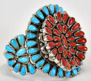 Justin Wilson Sterling Kingman Turquoise & Mediterranean Coral Cuff: Sterling Silver| Justin Wilson Sterling Silver Kingman Turquoise & Mediterranean Coral Cluster Cuff| Genuine Kingman Turquoise, Genuine Mediterranean Coral| Inside measures 5.75" plus a gap of 1" - To