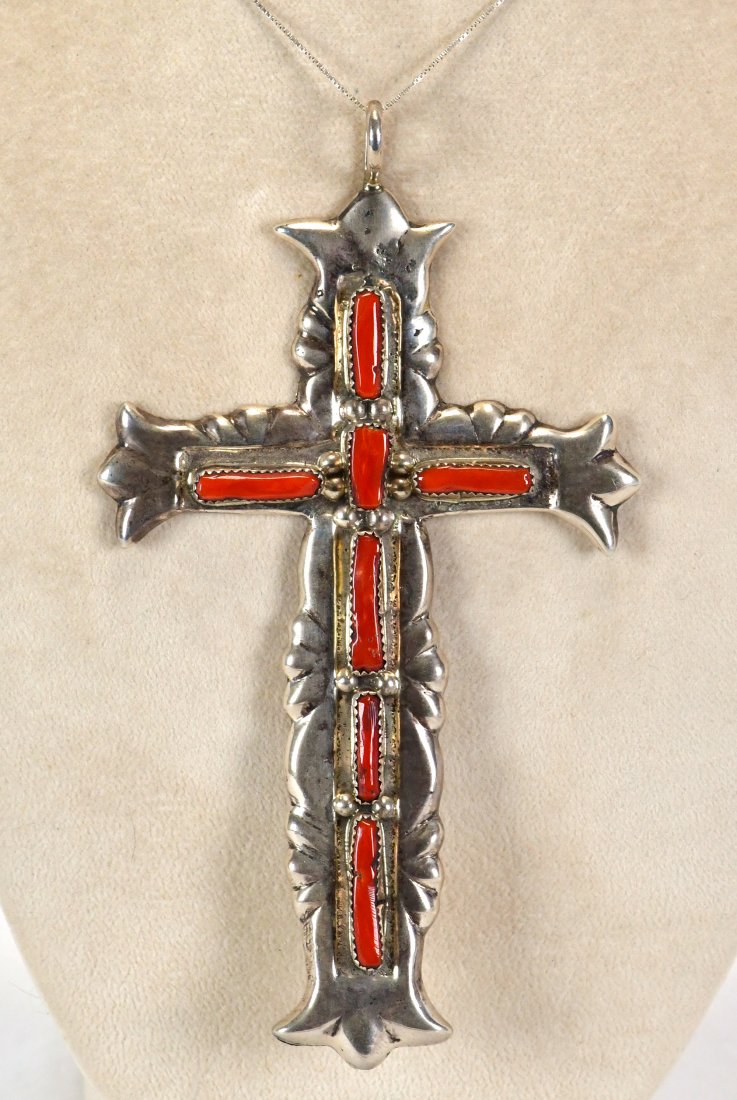 G. & L. Leekity Sterling Silver Coral Large Cross Pendant 5+ inches (1 of 4)