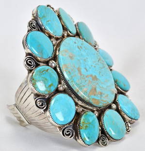 Michael Thomas, Jr. Massive Sterling Kingman Turquoise Cuff Bracelet: Sterling Silver| Michael Thomas, Jr. Massive Sterling Silver Kingman Turquoise Bracelet| Genuine Kingman Turquoise| Inside measures 6.75" plus a gap of 1.5" - Total 8.25"| Face Width 4.5"| Signed| Wei