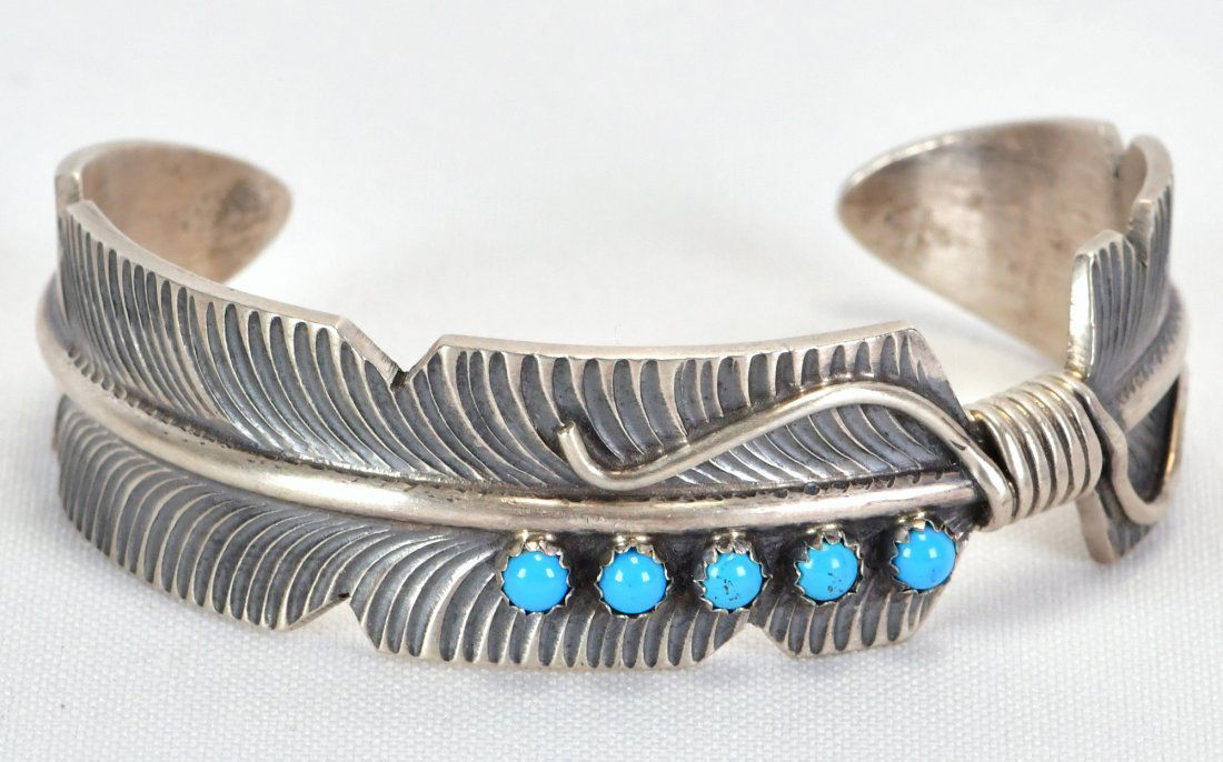 Chris Charley Sterling Silver Feather Cuff W/Turquoise (1 of 3)