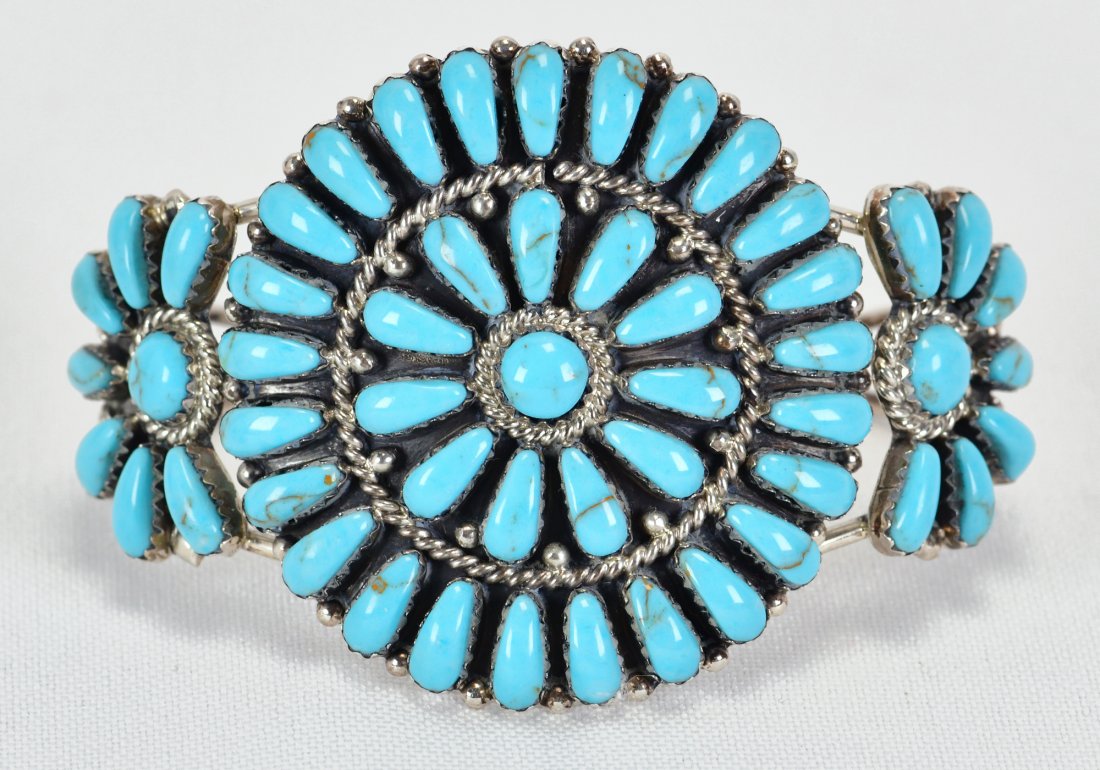 Navajo Sterling Silver Block Turquoise Cluster Bracelet (1 of 3)