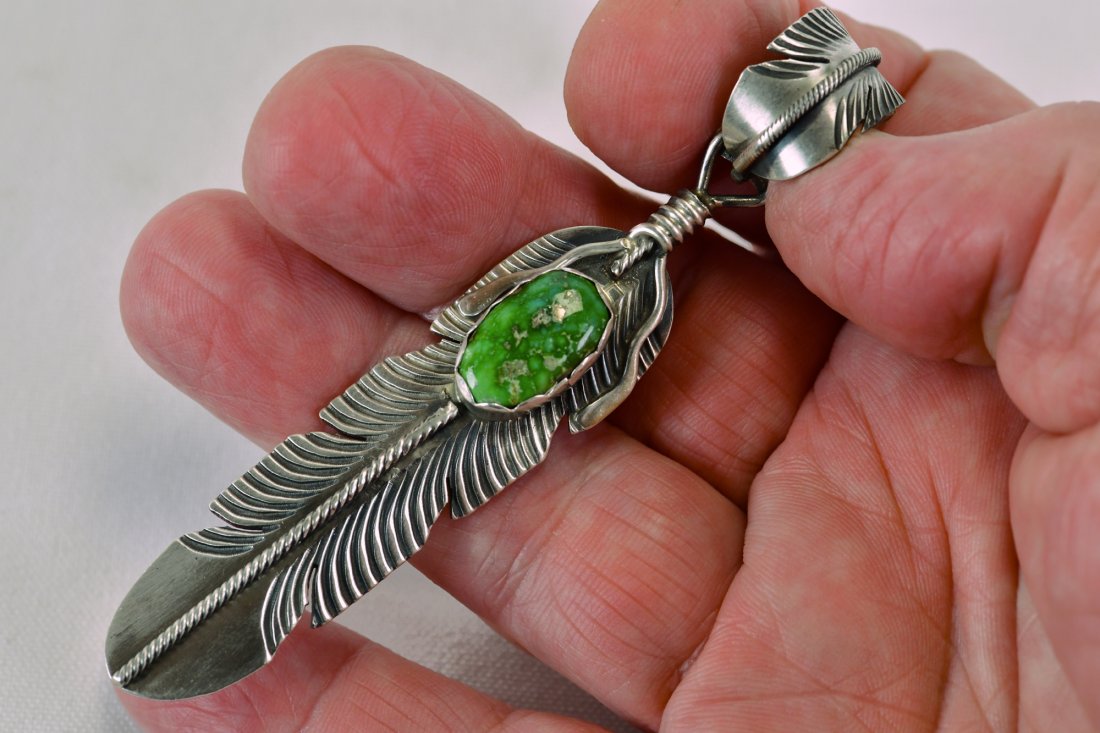Navajo Sterling Silver Feather Pendant w/Sonoran Gold Turquoise (1 of 4)
