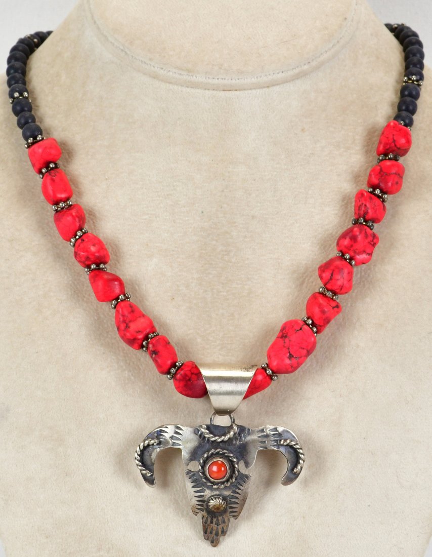 Chimney Butte Sterling Silver Stamped Steer Head Coral Pendant Necklace (1 of 3)