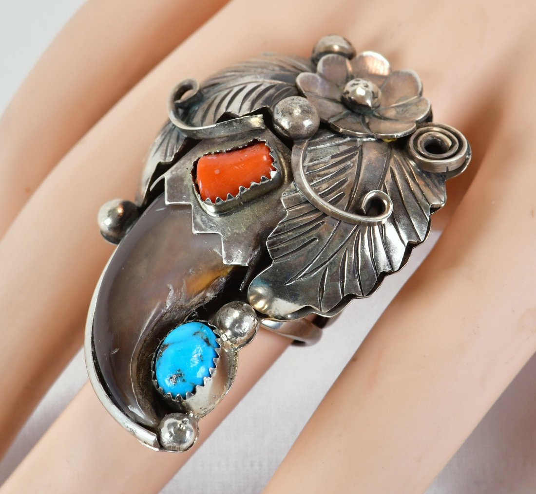Navajo Sterling Silver Men's Bear Claw Ring w/Turquoise & Coral (1 of 4)