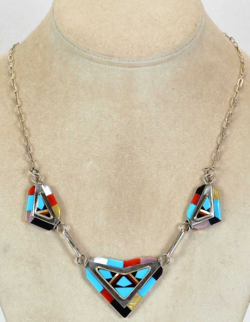 Zuni Sterling Silver Multi-Stone inlay Link Necklace (1 of 3)