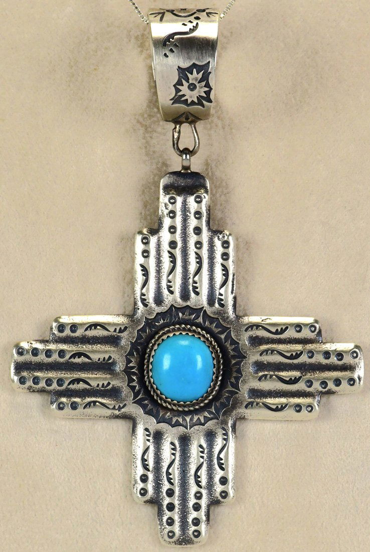 Navajo Sterling Large  Zia Pendant w/Stone Mountain Turquoise (1 of 3)