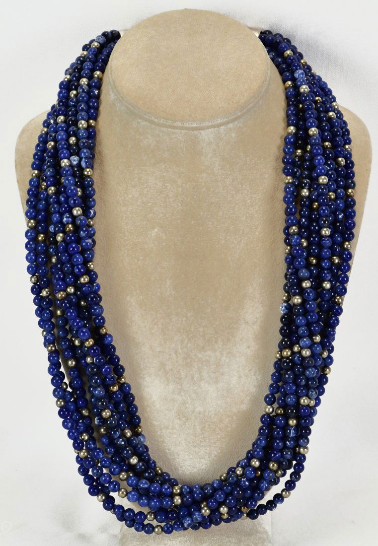 Native American Sterling 10 Strand Lapis and Bead Necklace (1 of 4)
