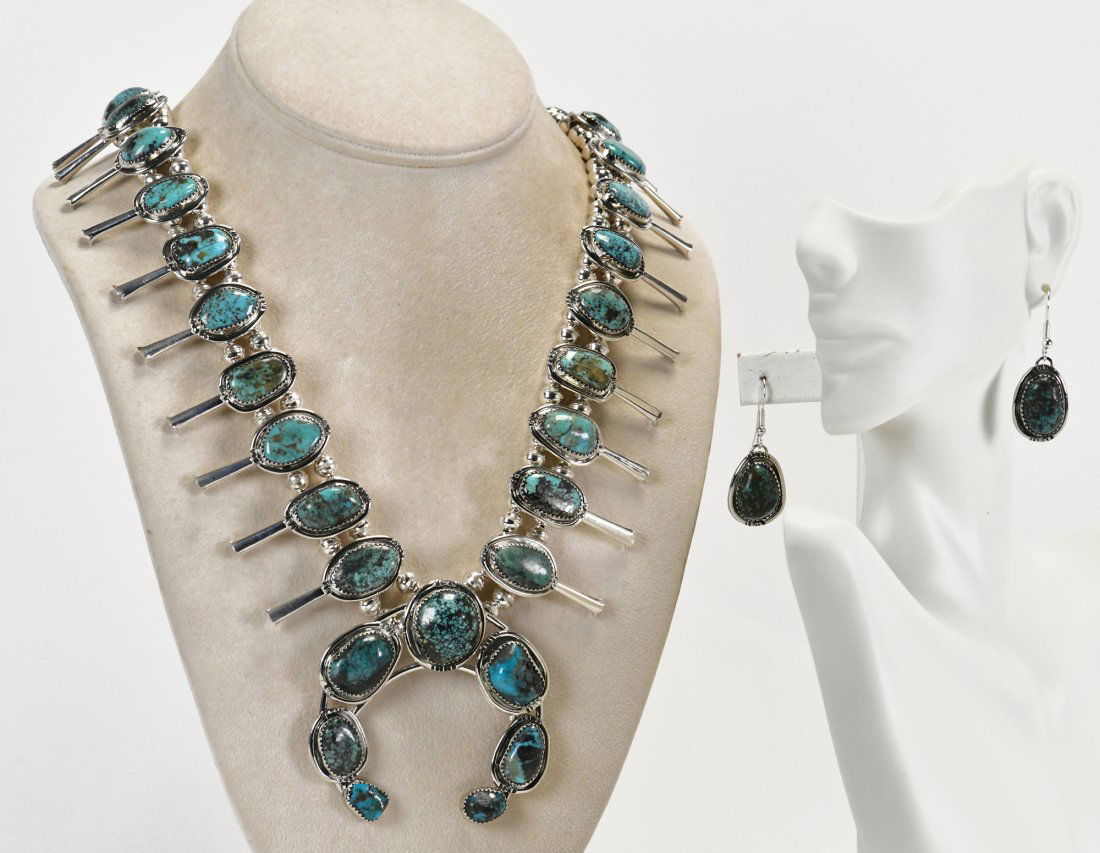 Navajo Sterling Lone Mountain Turquoise Squash Blossom Necklace (1 of 3)