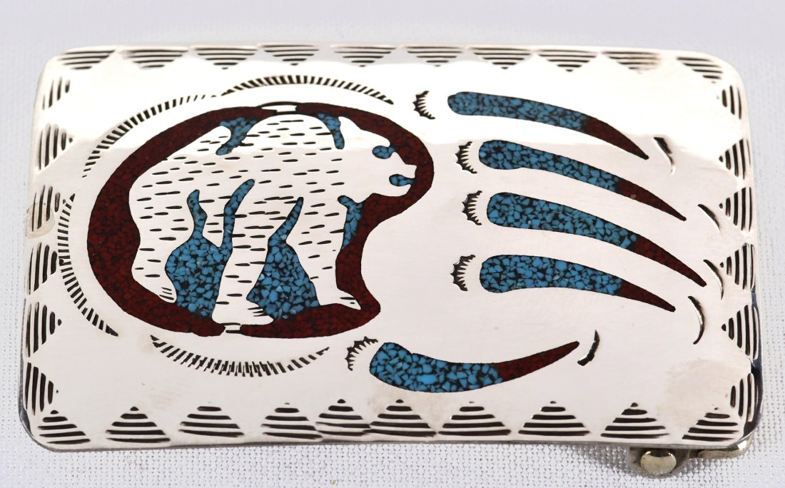 Navajo Sterling Silver Chip Inlay Bear Paw Belt Buckle: Sterling Silver| Navajo Sterling Silver Chip Inlay Bear Paw Belt Buckle| Genuine Coral & Turquoise| Measures 3" Long x 2" Wide| Signed "Ray H"| Weighs 38.7 Grams| Native American, Navajo, Southwestern