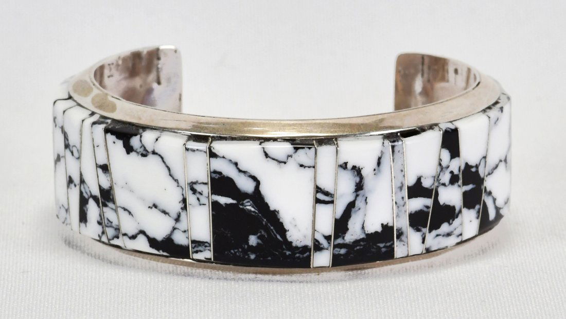 Native American Sterling White Buffalo Turquoise Inlay Bracelet (1 of 4)